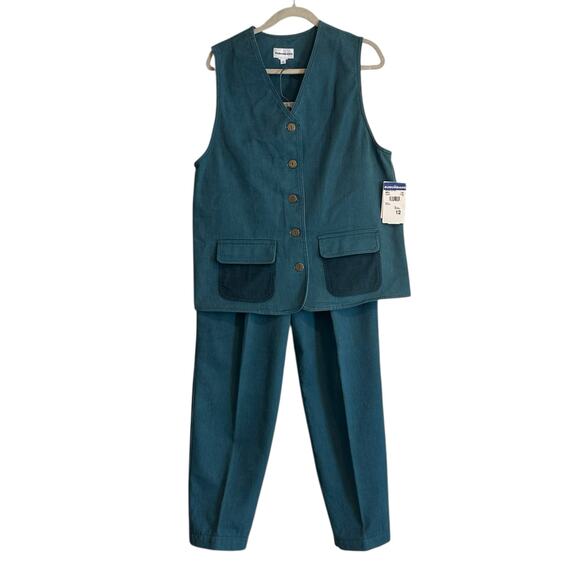 Vintage Forest Green Denim Vest Jeans Set Womens Sz Medium High Waist Corduroy - Picture 1 of 16